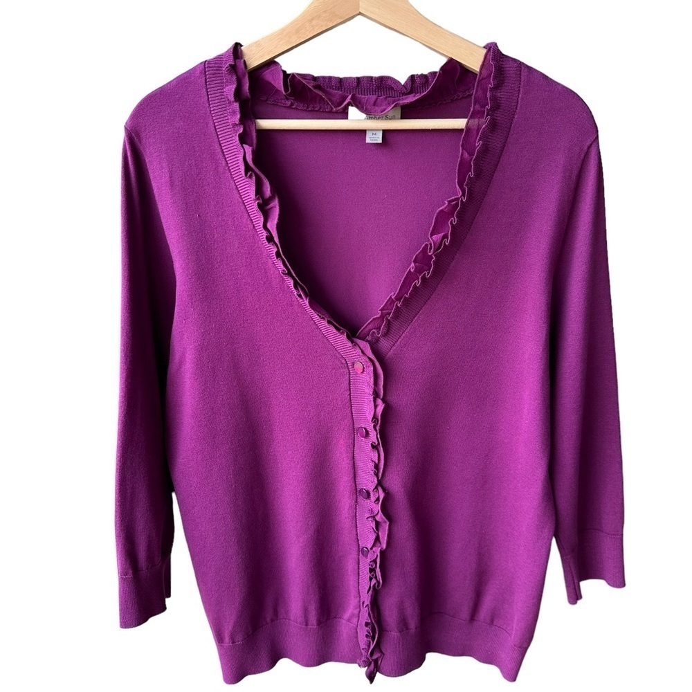 Amber Sun Cardigan Sweater Purple Silk Preppy Business Academia Cocktail Medium